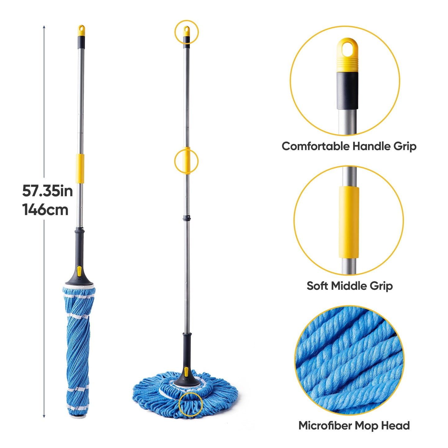 Yocada Twist Mop Easily Wringing with 57" Handle for Household Commercial Total 2 Mop Refills, Blue